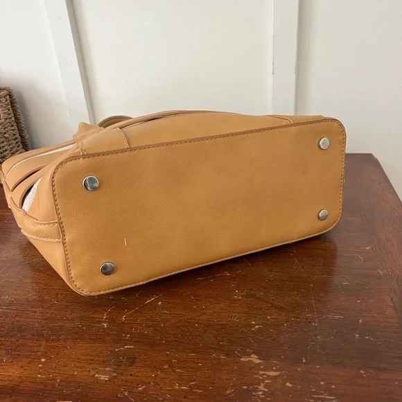 Miztique Tan Natural Faux Leather Canvas Stripe Tote Handbag Purse no long strap - Picture 4 of 8